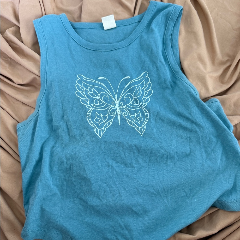 Urban Outfitters Blue and White Muscle Tee with Butterfly Design